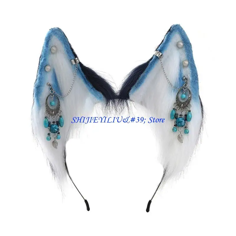 

E21F повязка на голову в форме волчьих ушей в этническом стиле с декоративными серьгами с бахромой обруч для волос для взрослых