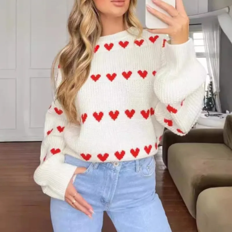 

Sweet Casual Women's Pullover Sweater 2025 Autumn Heart-Shaped Pattern Round-neck Long-sleeved Knitted Top Solid Winter Outfit
