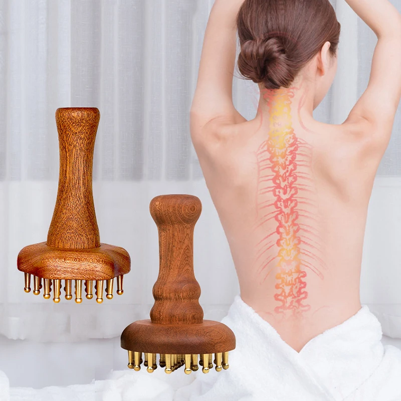 Durable Chinese SPA Gua Sha Tool Copper Head Massage Gua Sha Comb Long Wooden Handle Sturdy Meridian Point Massager Brush view 2