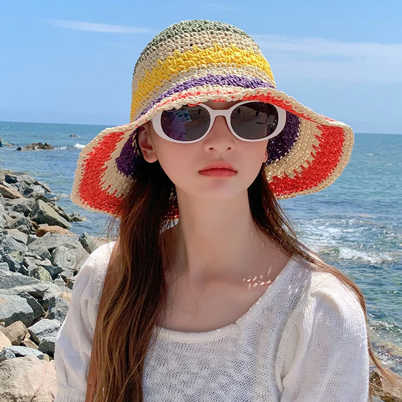 Sombrero de paja de arcoíris para mujer, visera de sol hecha a mano de ganchillo, sombreros de cubo de ala grande, sombrero de sol de playa para