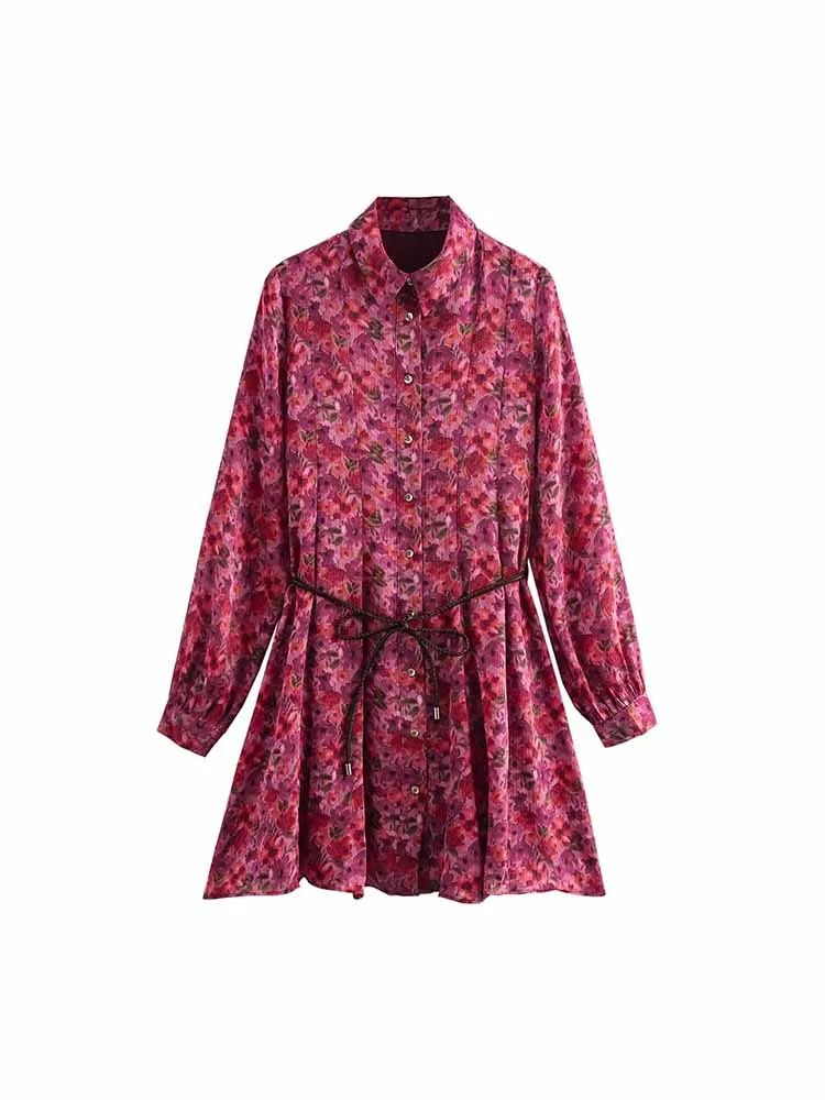 2024 autumn and winter new women\'s French fashion temperament with belt flower print mini long-sleeved dress