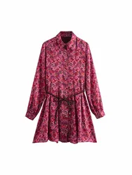 2024 autumn and winter new women's French fashion temperament with belt flower print mini long-sleeved dress