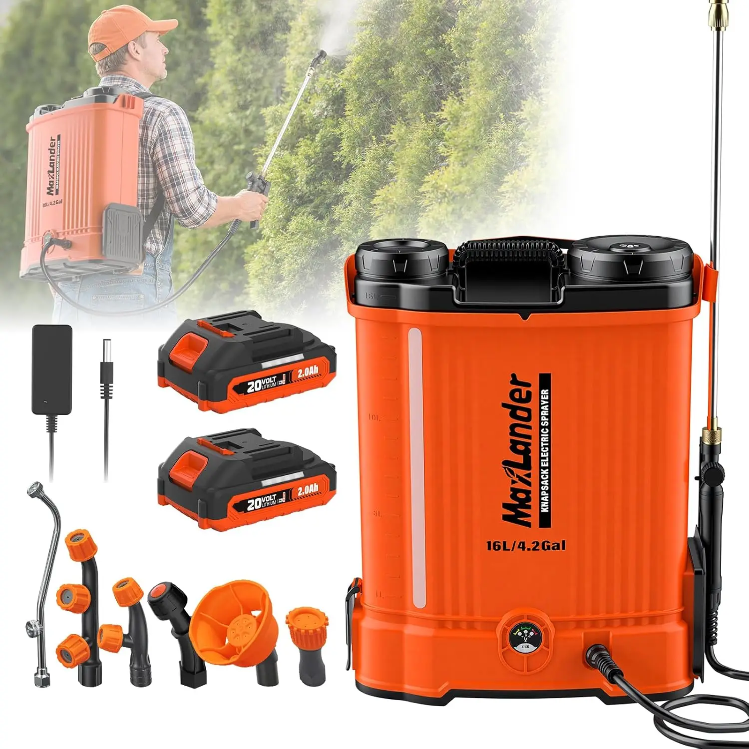 4.2 Gal Battery Powered Backpack Sprayer 2x 2.0Ah Batteries 90 Psi Adjustable Pressure 6 Spray Nozzles Reach Over 17 Feet 2 Hour