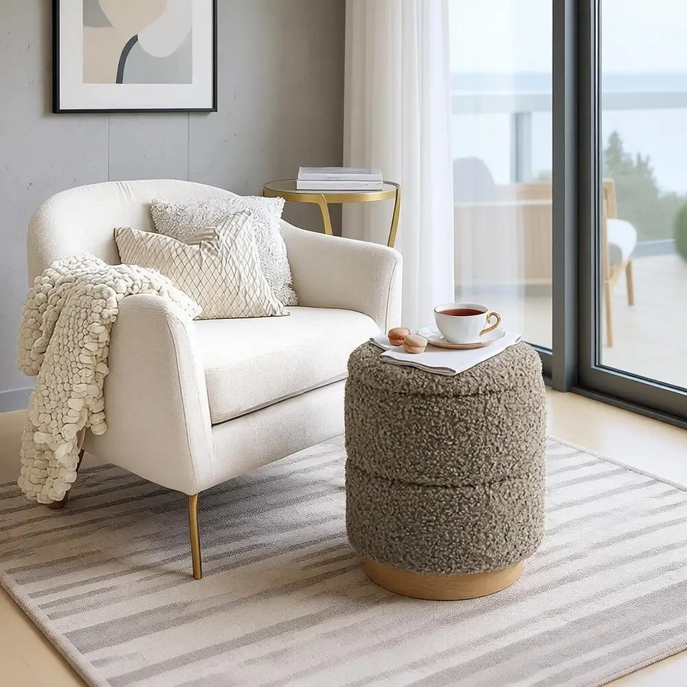 

Round Storage Ottoman with Upholstered Footrest Stool, Vanity Chair for Living Room, Bedroom, or Entryway in Taupe