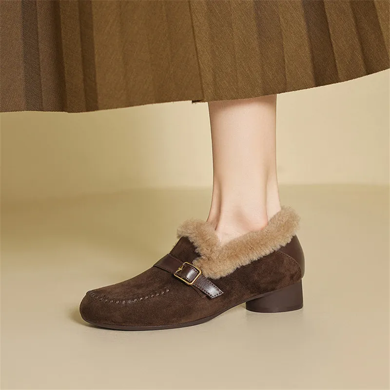 

New Autumn Winter Sheep Suede Women Shoes Fashion Round Toe Shoes for Women Low Heels Warm Women Pumps Black Loafers Handmade