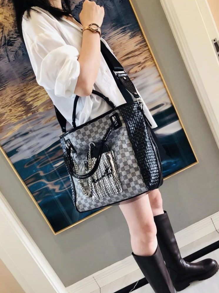 Vintage Leather Checker Plaid Shiny Big Capacity Top-handle Bag 80s Fashion Women Patchwork Kaishilan Commuter Work Shoulder Bag