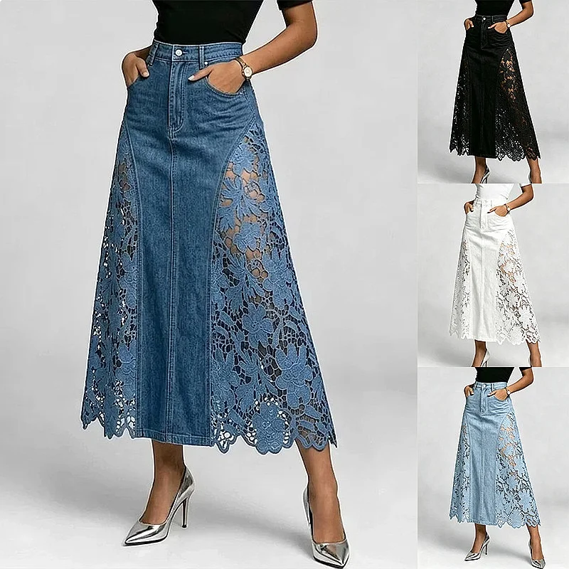 Washed Denim Lace Panel Pencil Skirt Long Bodycon Skirt Spring Summer