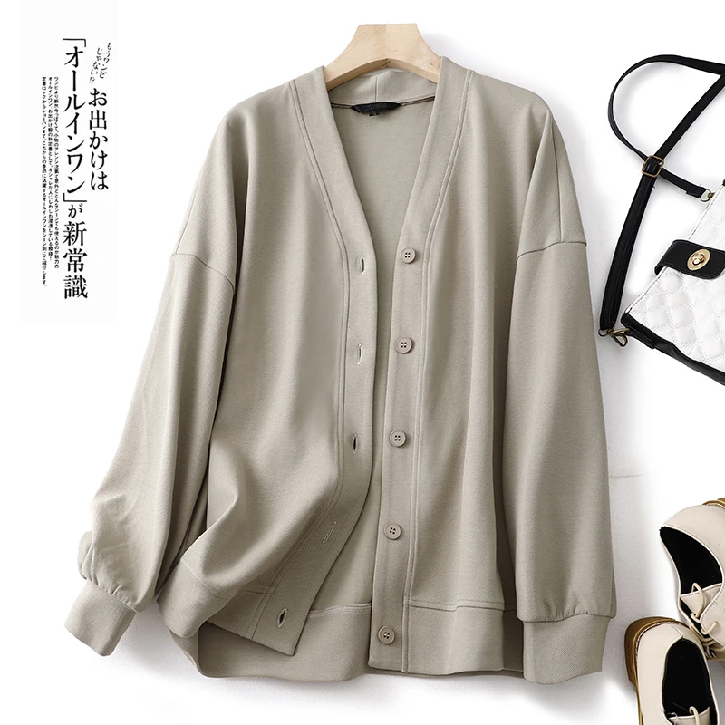 Loose Women's Sweatshirt Jacket Long Sleeve V-Neck Spring Autumn Fashion Lazy Style Outerwear Base Layer Open Cardigan