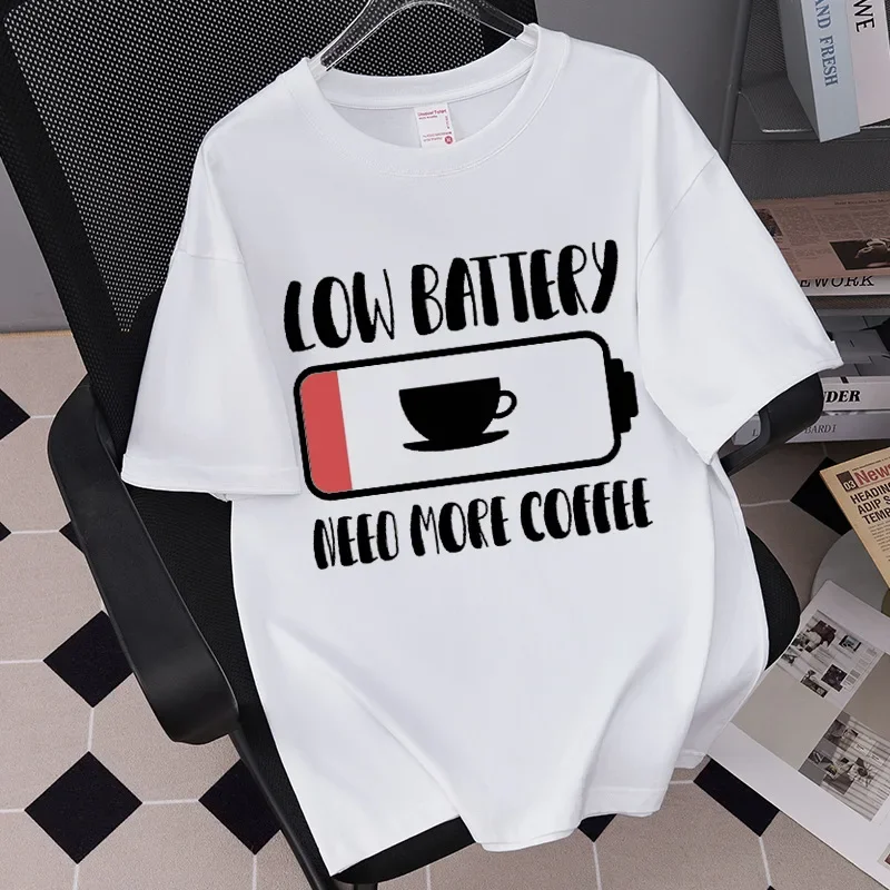 I Need Coffee Battery Funny Design Women  Tees T-Shirts Minimalist Caffeine Graphic Tops Short Sleeve Tees Casual Daily Wear
