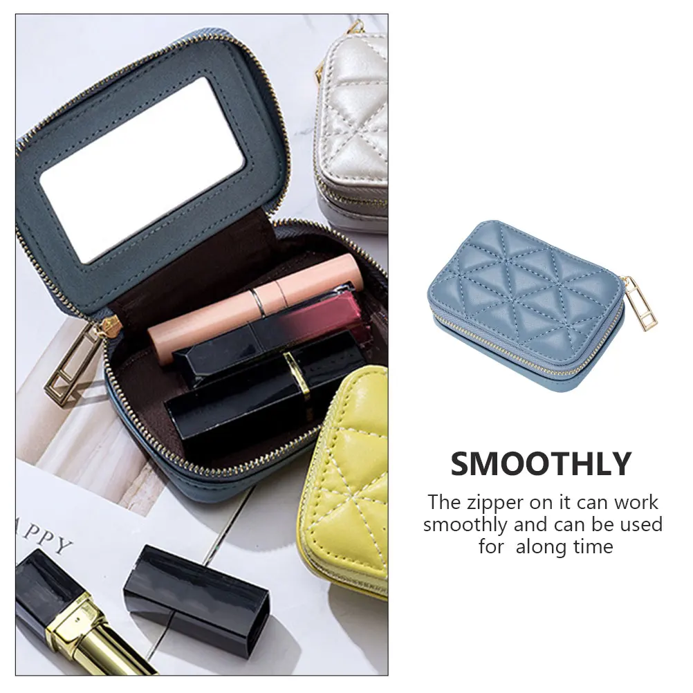 

Portable Lipstick Bag Mirror Travel Case Small Storage Pouch Organizer Premium PU Durable Practical Makeup Use Smooth Zipper