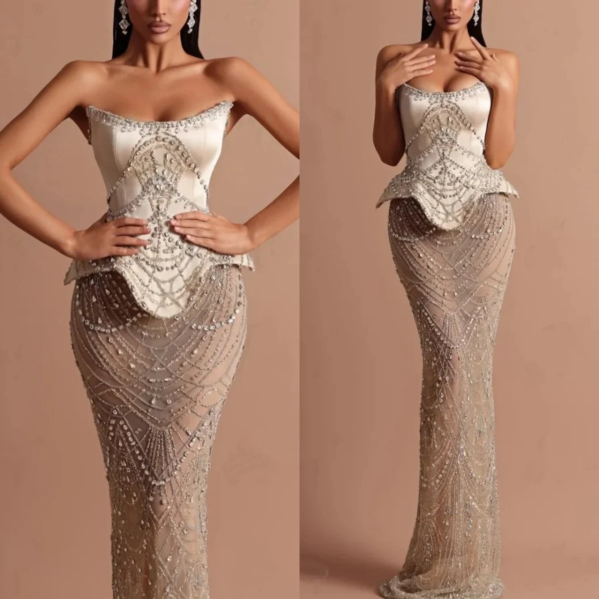 

Stylish Wedding Dresses Crystal Strapless Bridal Gowns Rhinestone Sleeveless Illusion Mermaid Customized Vestidos De Novia