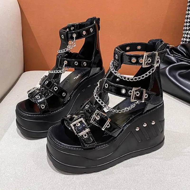Women Luxury Wedges Sandals High Heel Gothic Punk Comfy Walking Back Zip Chains Fashionable Summer Platform Sandals Ladies Shoes