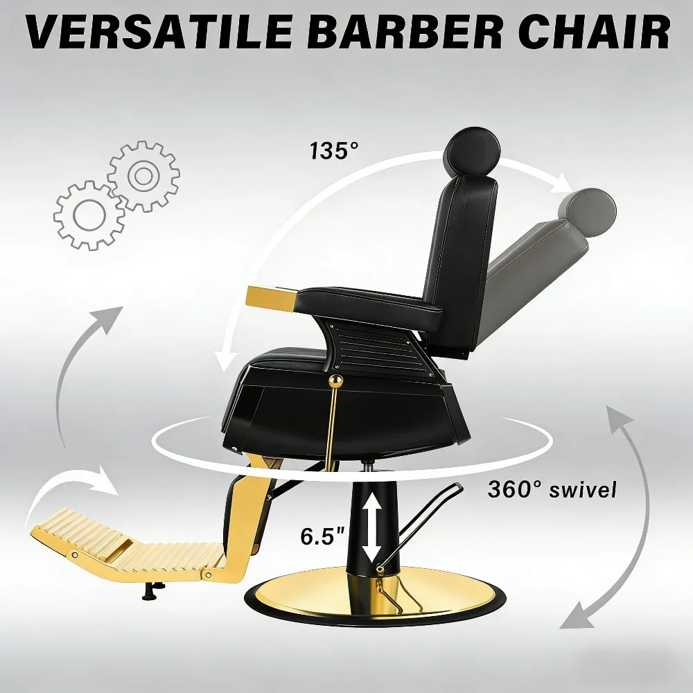 Black Gold Barber Chair, Reclining Salon Chair Hair Stylist, Barber Chairs for Barbershop Supports up to 500lbs, Customized - view 2