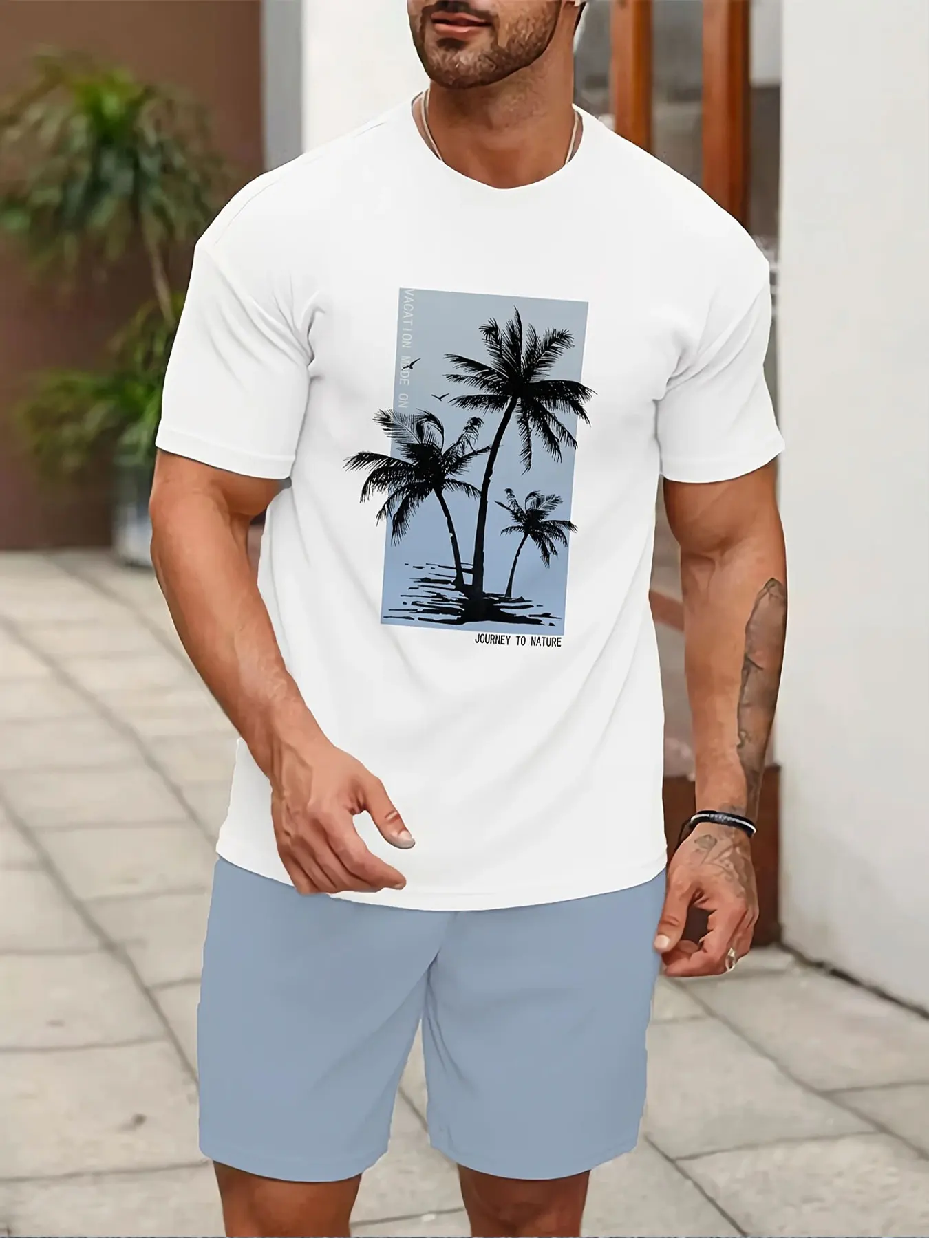 

Men's summer fashion casual sports loose coconut tree pattern print round neck short-sleeved T-shirt top shorts suit