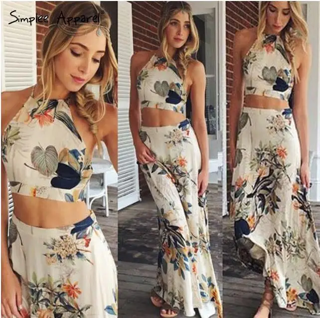 2 pieces women sets 2026 elegant floral sleeveless halter top+fabric extra-long floor-length dress for women's clothing