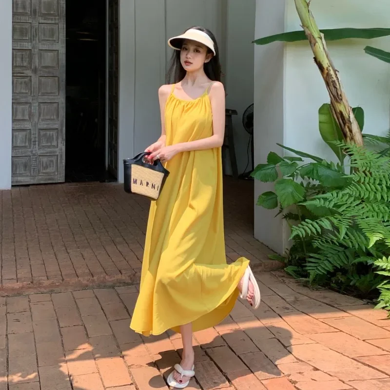 

Summer New 4XL Plus Size Bohemian Beach Dress Holiday Style 2024 Long Simple Yellow Dress Women's Casual Loose Strappy Clothing