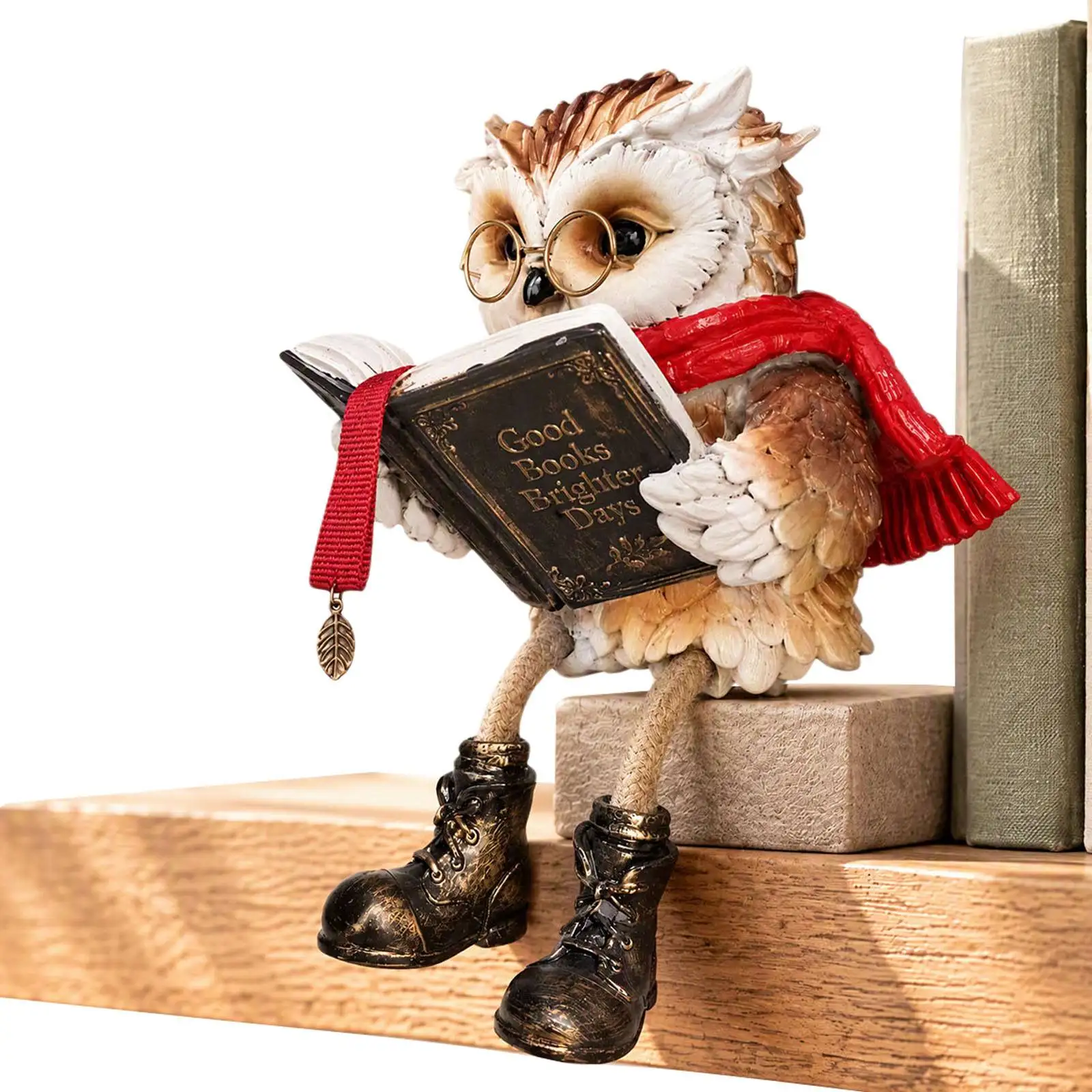 Owl Reading Book Figurine Resin Rustic Home Decor Shelf Sitter with Scarf And Boots 20x14cm