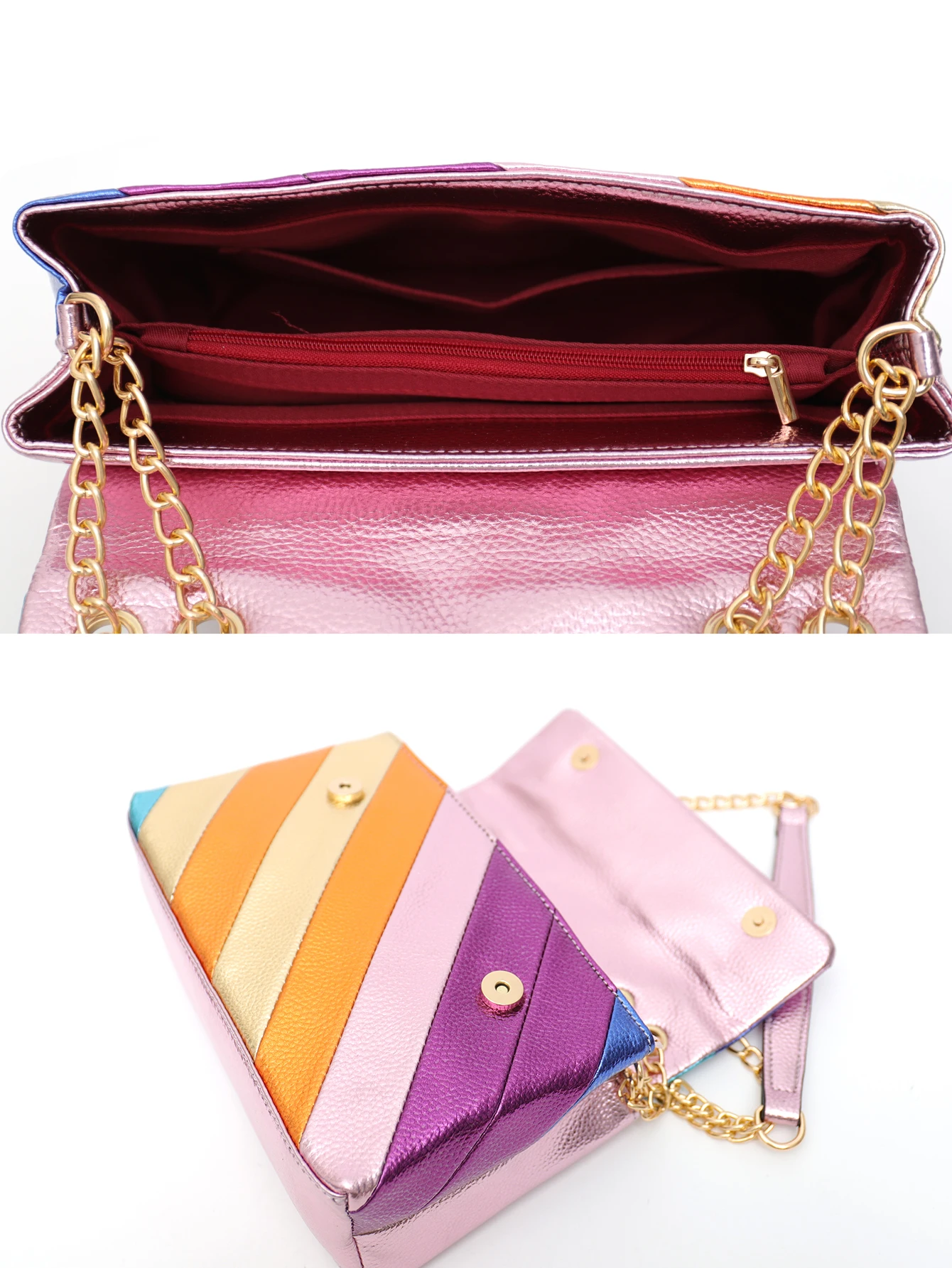 CEZIRA Shiny Rainbow Flap Bags for Women Luxury Multi-Coloured Patchwork Cross Body Shoulder Handbags Metal Chain Square Purses