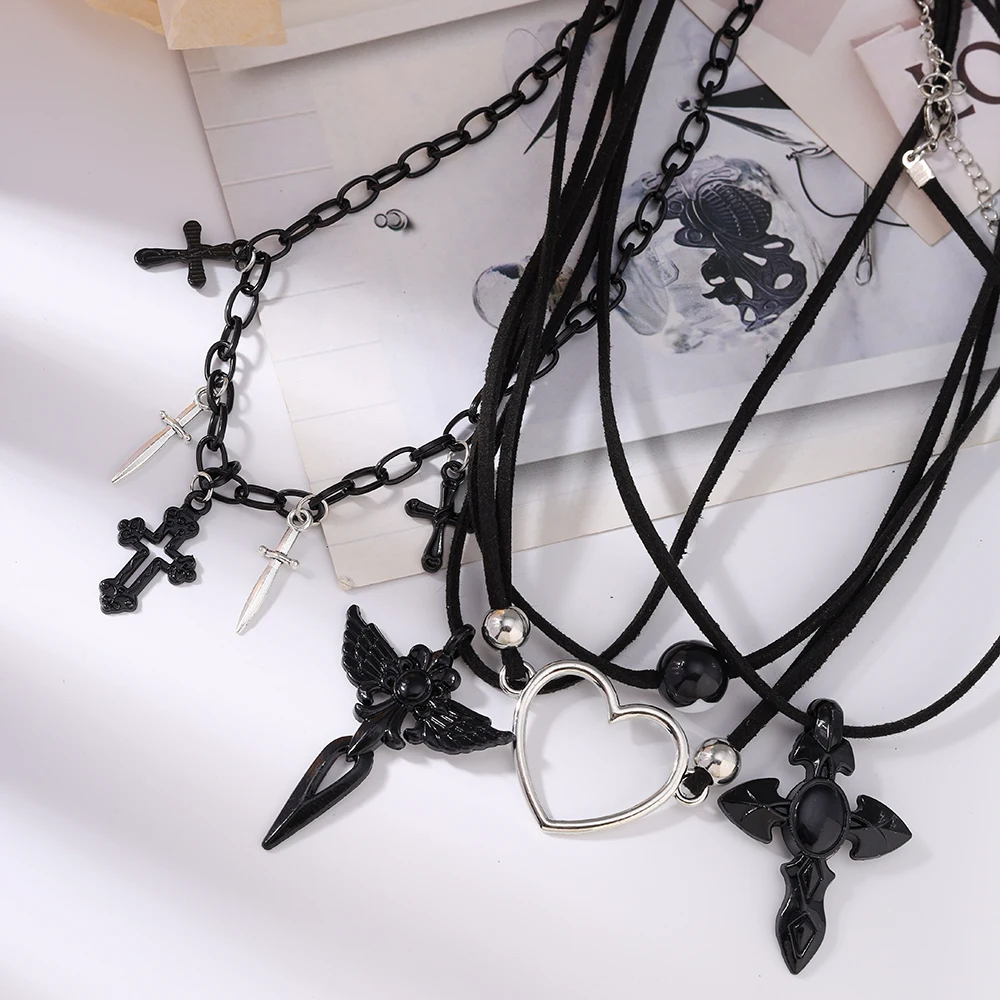 Aihua Vintage Mode Leder Seil Herz Kreuz Anhänger Halskette Für Frauen Männer Kpop Schmuck Zubehör Y2k Ästhetik – Detail 4