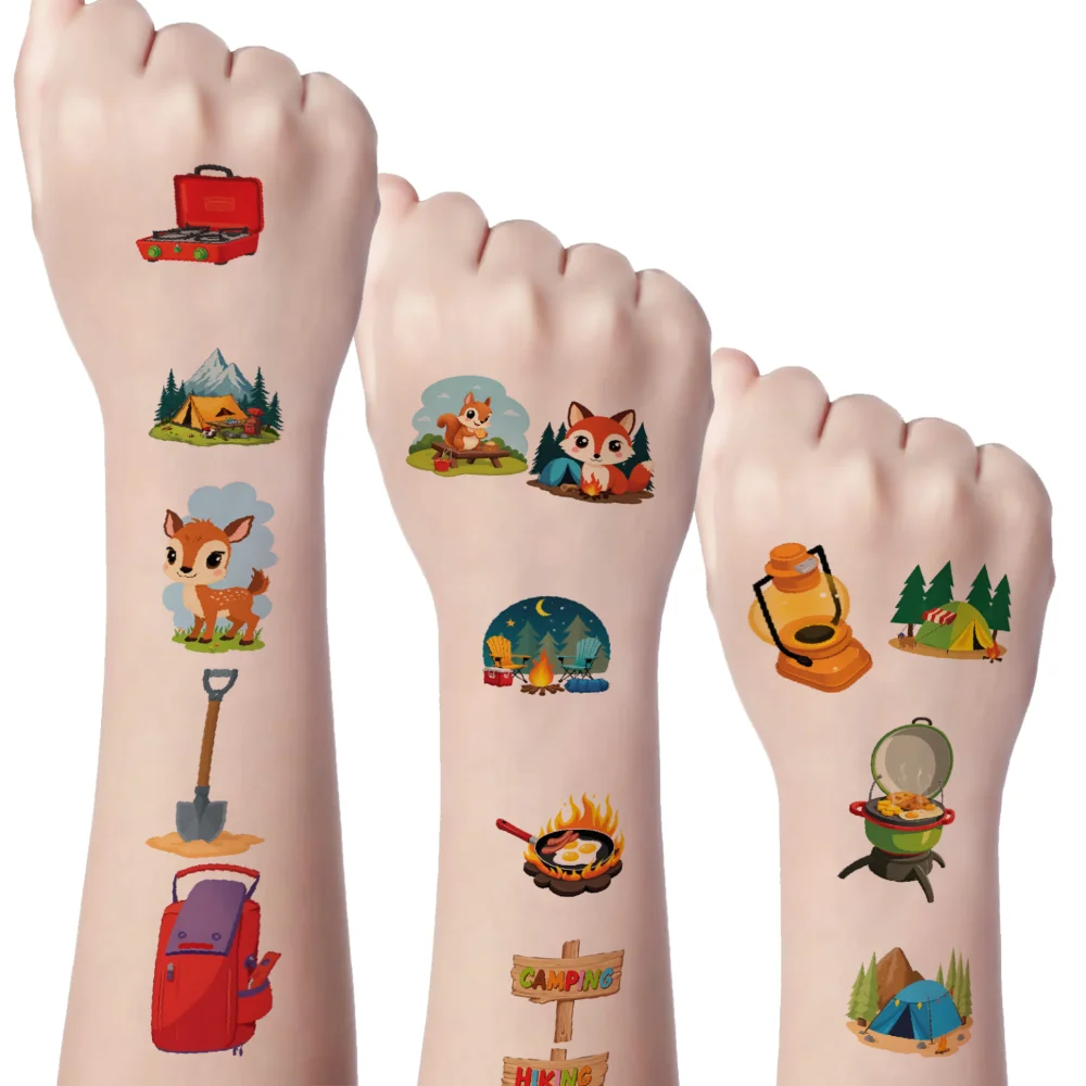 

63 шт., временная татуировка, карта, мультяшный лагерь, фонарь, ботинки, временные татуировки, наклейки, костер для щек, рук, плеч