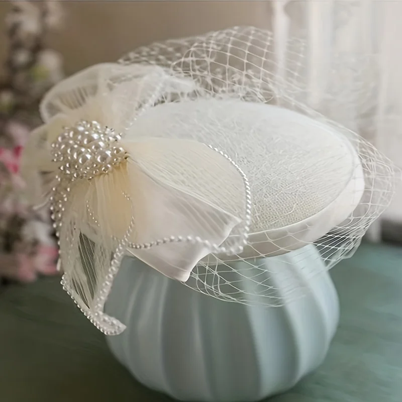 Abito da sposa da sposa copricapo Vintage elegante cappello a cilindro in rete femminile bianco fata Hanfu accessori per capelli Super Fairy Pearl Headdres