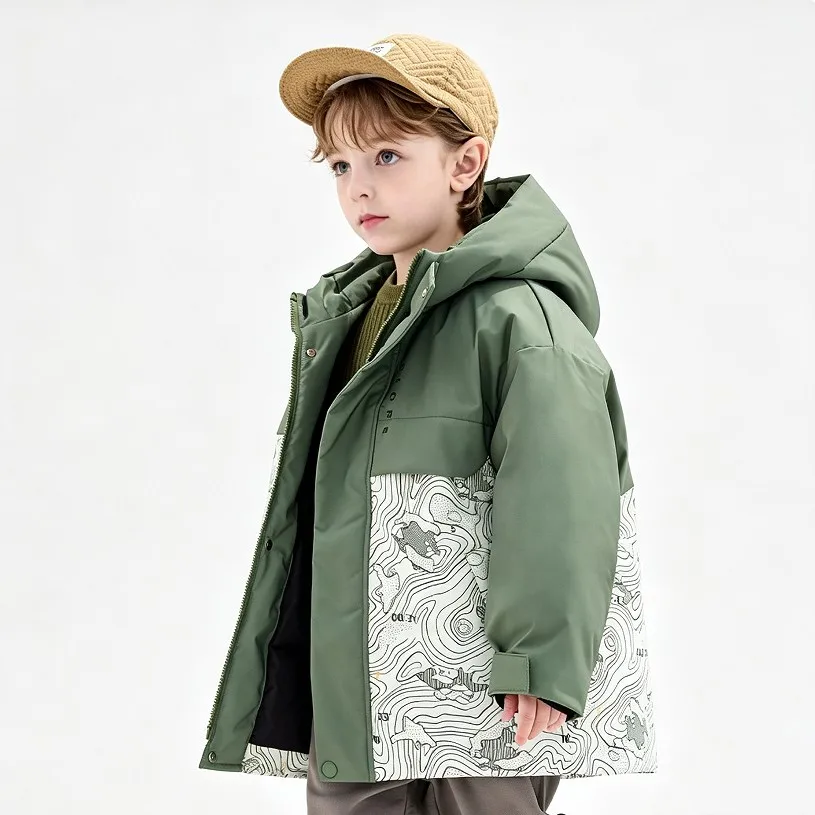 Boys Hooded Down Jacket Spliced Print Kids Winter Parka Coat Windproof Thicken Warm Children Outerwear For 4‑14Y A4781
