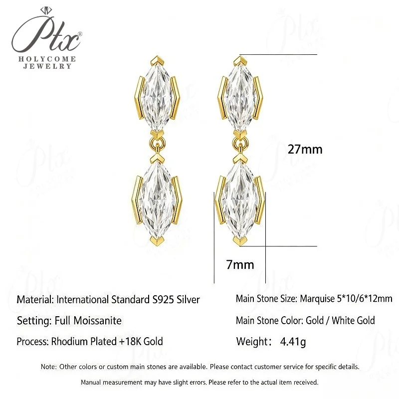 Damen-Ohrstecker aus 925er Sterlingsilber mit Marquise-Schliff-Moissanit, 18k vergoldet, Geburtstagsgeschenke, Schmuck, Charms, Holycome Schmuck – Detail 1