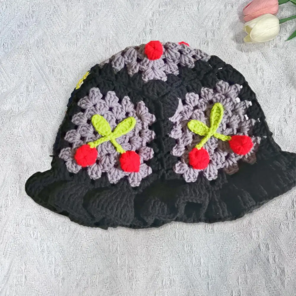 Children Cartoon Hat Cute Cherry Applique Woolen Hat for Kids Colorful Bucket Hat for Children's Parties Fun Cartoon for Outdoor