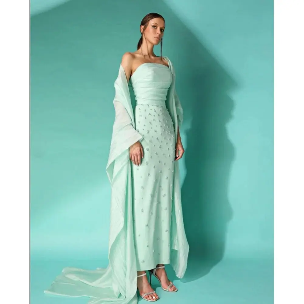 

BLUE DRESS Store 2023 Ankle-Length Strapless Elegant Shawl Luxury Mint Green Mermaid Silk Evening Dress Party Dress