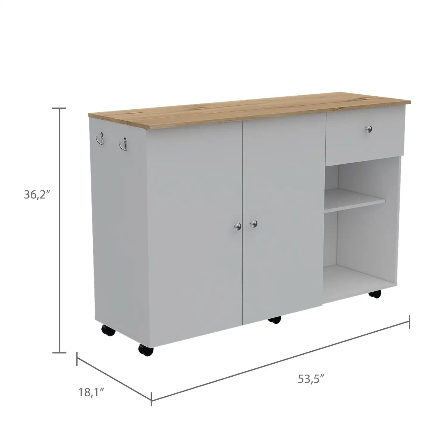 Kitchen Island Cart Victoria, Four Interior Shelves, Six Carters, One Drawer, Double Door Cabinet White / Light Oak