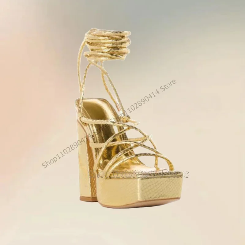 

Gold Open Toe Lychee Print Platform Twine Sandals Lace Up Women Shoes Chunky High Heels Fashion Summer 2023 Zapatos Para Mujere