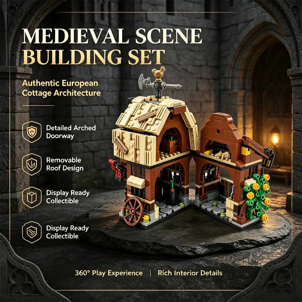 594PCS MOC Medieval Barn And Stable Building Blocks Medieval Village Stable House Model Kit DIY Assemble Toy For Adult Gift
