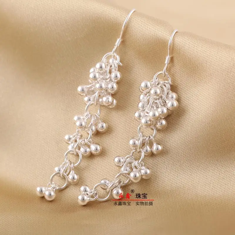 999Pure Silver Earrings Pure Silver Women's Long Ear Hooks Niche Elegant Exaggerated Water Drop Round Beads Light  Earrings