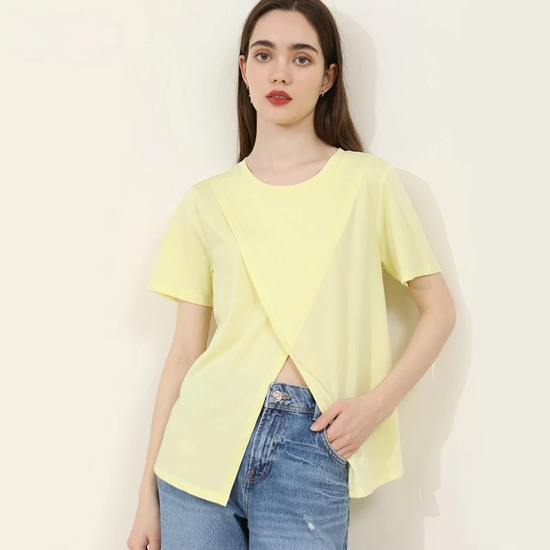 

2023 Summer T-shirts for Women Cotton Solid Split Round Neck Short Sleeve Korean Loose Top Fashion
