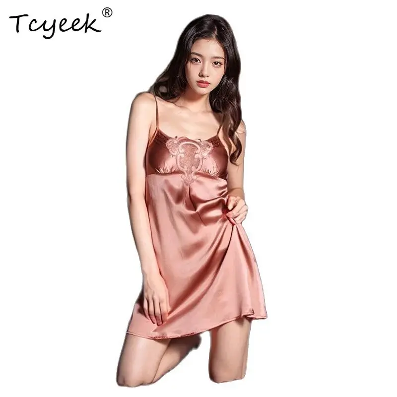 

Tcyeek, 19MM 100%Real Silk Sexy Nightgown, Women Staghetti Strap Embroidery, Hot Short Pajama Dress, 2024 Summer P46116QC