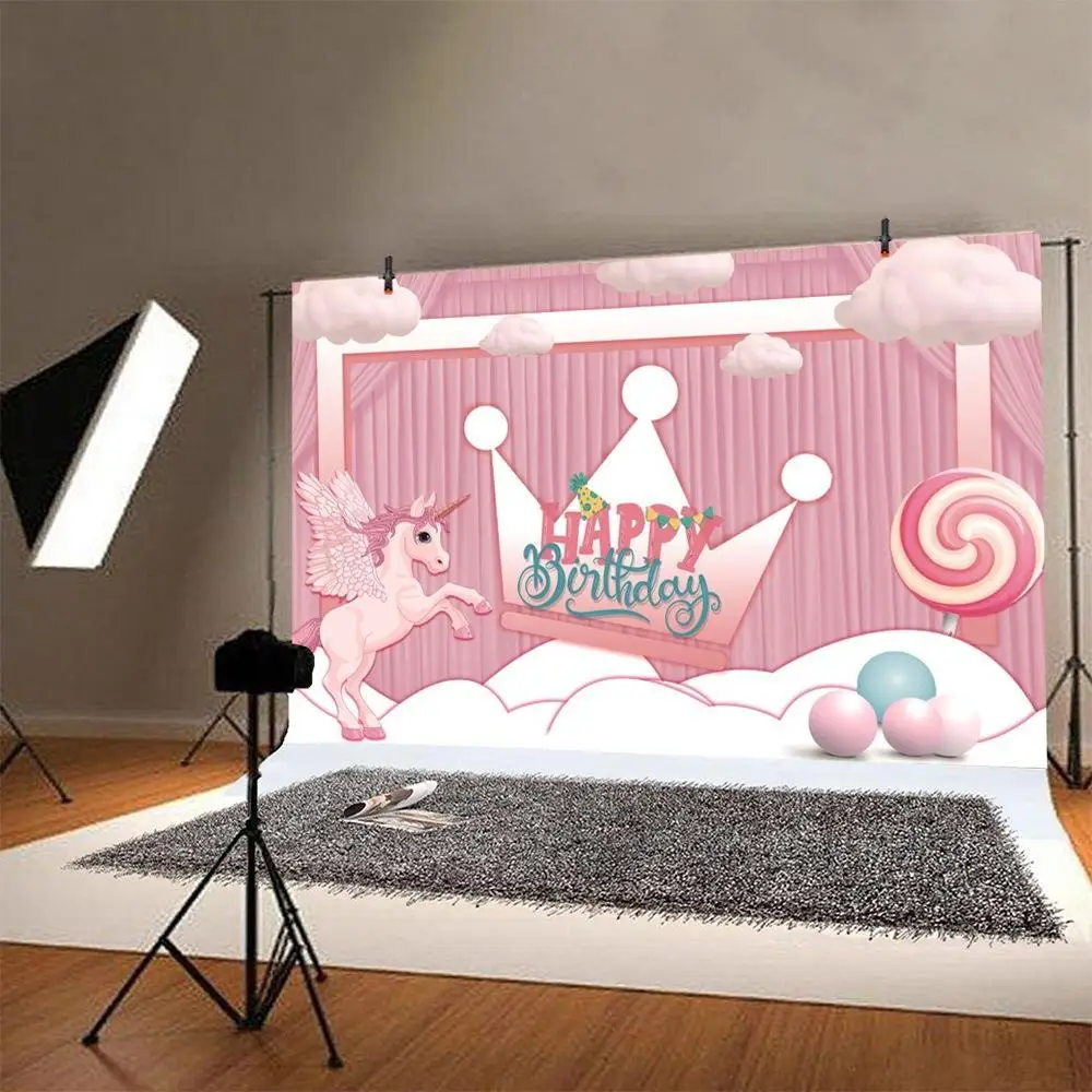 

Pink Unicorn Lollipop Crown Cartoon Girls Cake Portrait Photography Backdrops Photocall Birthday Party Background Studio Shoot