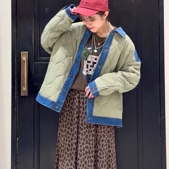 

Loose Comfortable Cotton Jaet New Autumn Winter Denim Patchwork Quilted V-Ne Single Button Closure Long Sve Pure Color