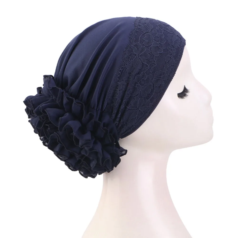 

Elegant Solid Color Lace Head Scarf Elastic Soft Chemo Headwear Breathable Ruffle Design Turban Hat Women Headwear