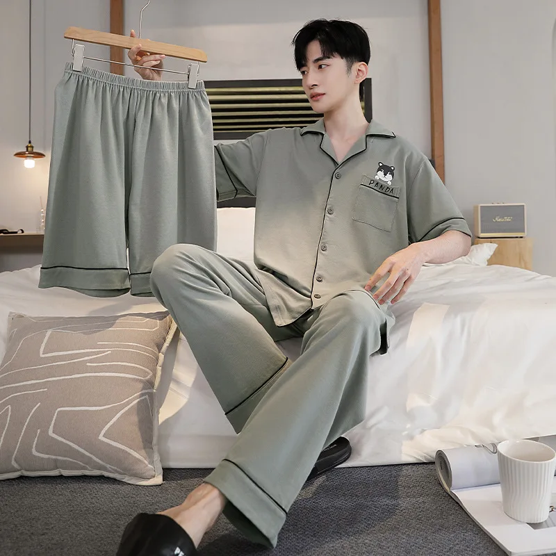 

Large Size 3-piece Set Pajamas Men Summer Cotton Nightwear Short Sleeves Top & Long Pant & Shorts Homewear Teen Students Pjs