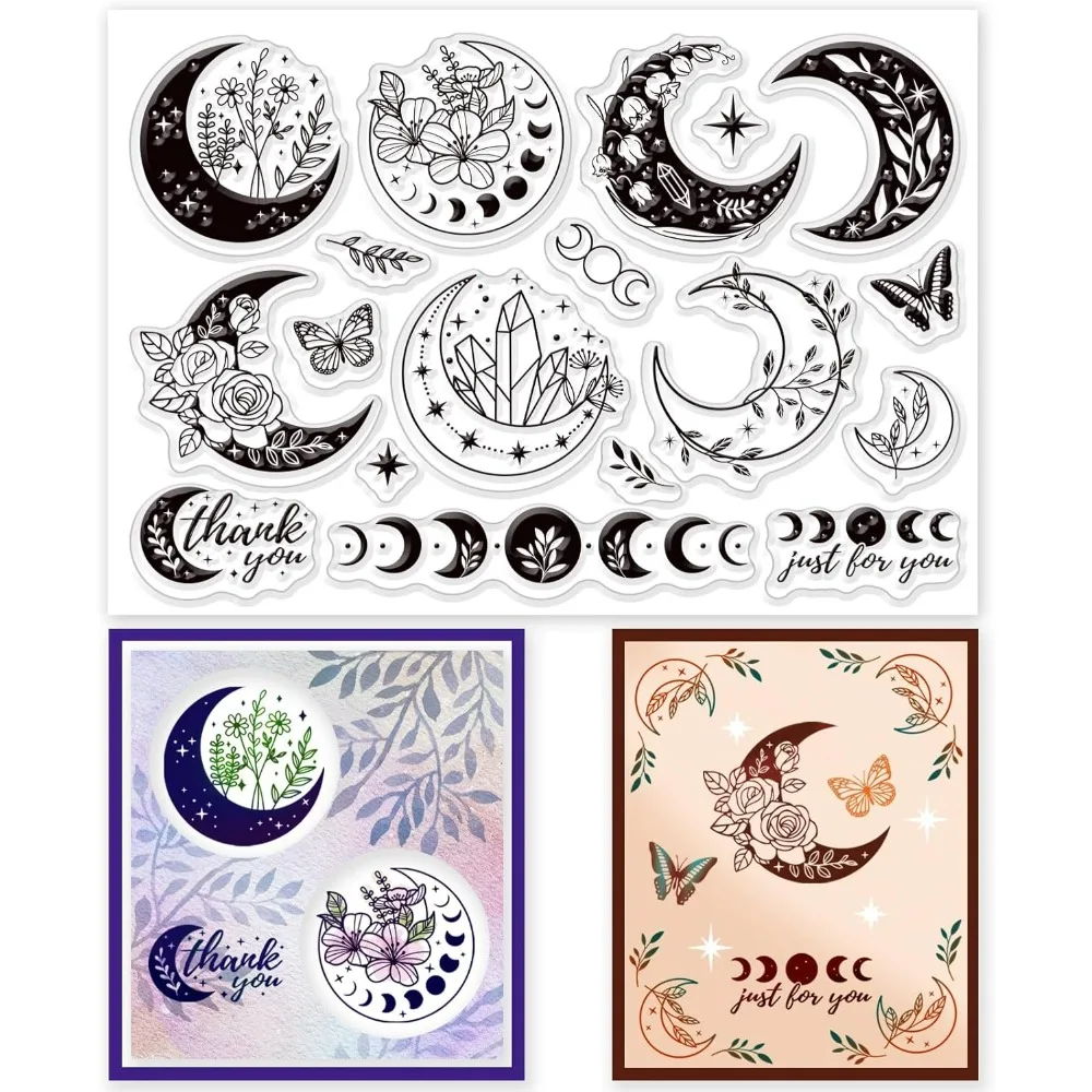 Bohemian Luna Phases with Plants Transparent Clear Stamps Magic Flower Embossing Stamp Sheets Silicone Clear Stamps Seal