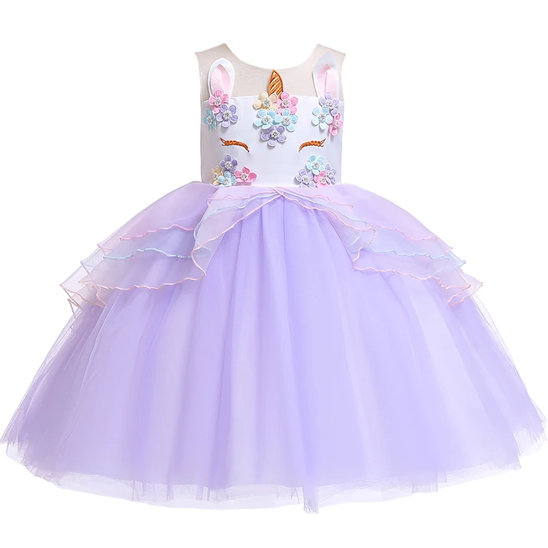 Girl Unicorn Cosplay Dress Children Party Birthday Princess Costume Sleeveless Trailing Wedding Christmas Outfit Girl Clothing