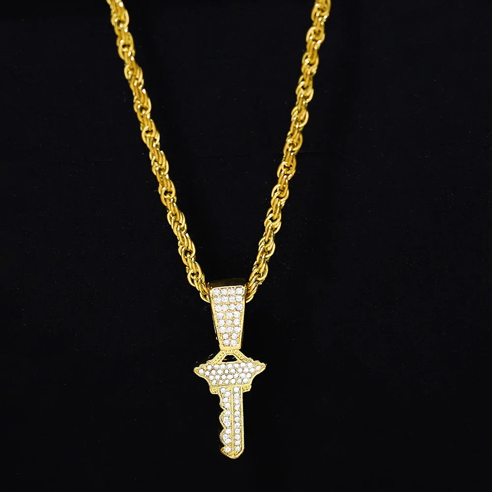 Hip Hop Gold Color Crystal Stone Buling Key Pendant Necklace For Men Fashion Jrewelry Gifts Rope Chain