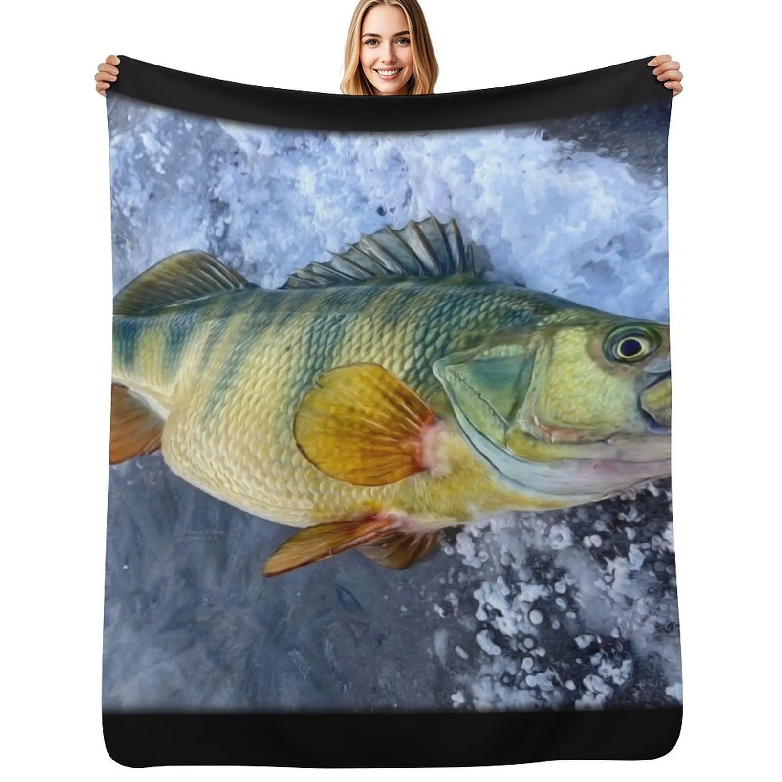Ice Fishing, Jumbo Yellow Perch, Original Painting Throw Blanket Plush anime Soft Big Warm Blankets For Sofas Custom Blankets