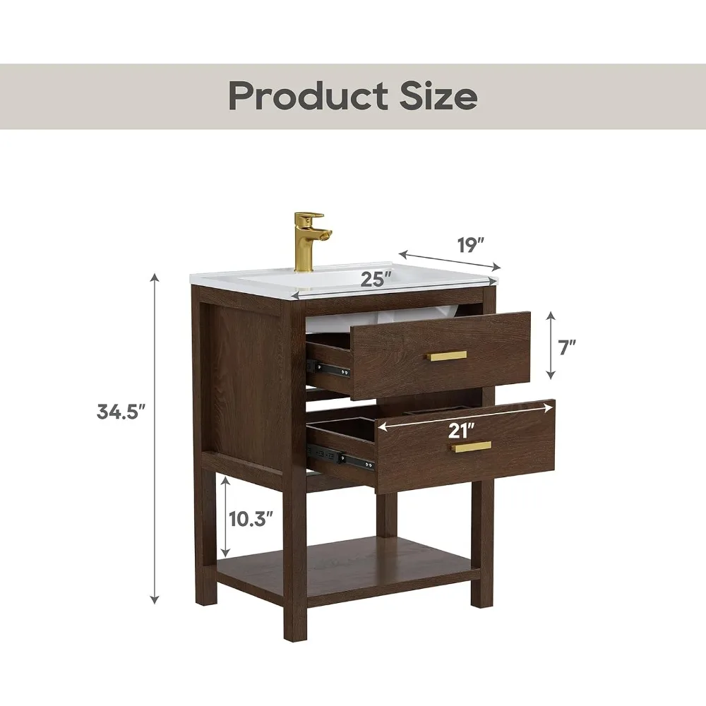 24 Inch Bathroom Vanity with Sink, Walnut Finish, Single Sink Cabinet for Bathroom
