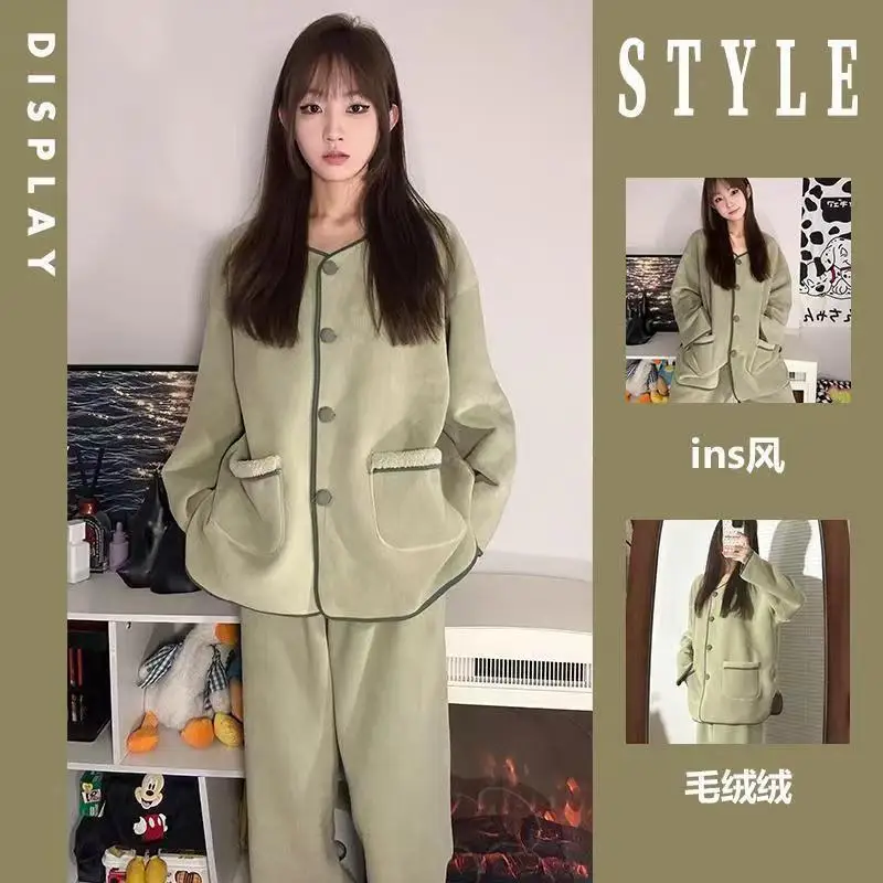 

Women's Button Pajamas Fleece-Lined Autumn Autumn Winter Thickened Sleepwear Girl's Students Outerwear Solid Warm Home Suit New