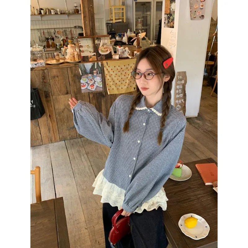 

Deeptown Sweet Blue Plaid Lace Patchwork Women Shirts Long Sleeve Doll Collar Korean Fashion Blouses Loose Preppy Aesthetic New