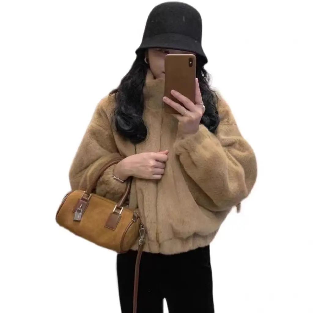 

Autumn Winter Women's Lamb Wool Tops Stuffed Loose Fit Stand Collar Short Thickened Cotton Jacket