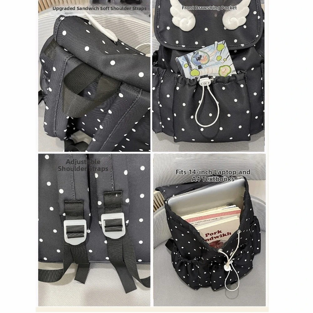 Polka-Dot Print Drawstring Backpack Drawstring Closure Flap Design Flap Backpack Casual Style Angel Wing Decor Bookbag Backpack