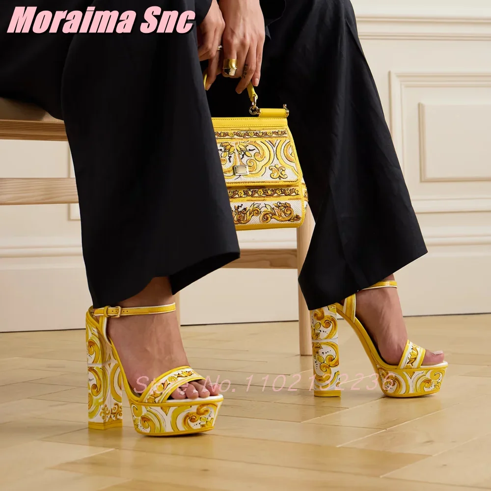 

Luxury Printed Platform Sandals Block High Heeled Ankle Buckle Strap Round Open Toe Fashion Women's Summer Shoes Banquet Party