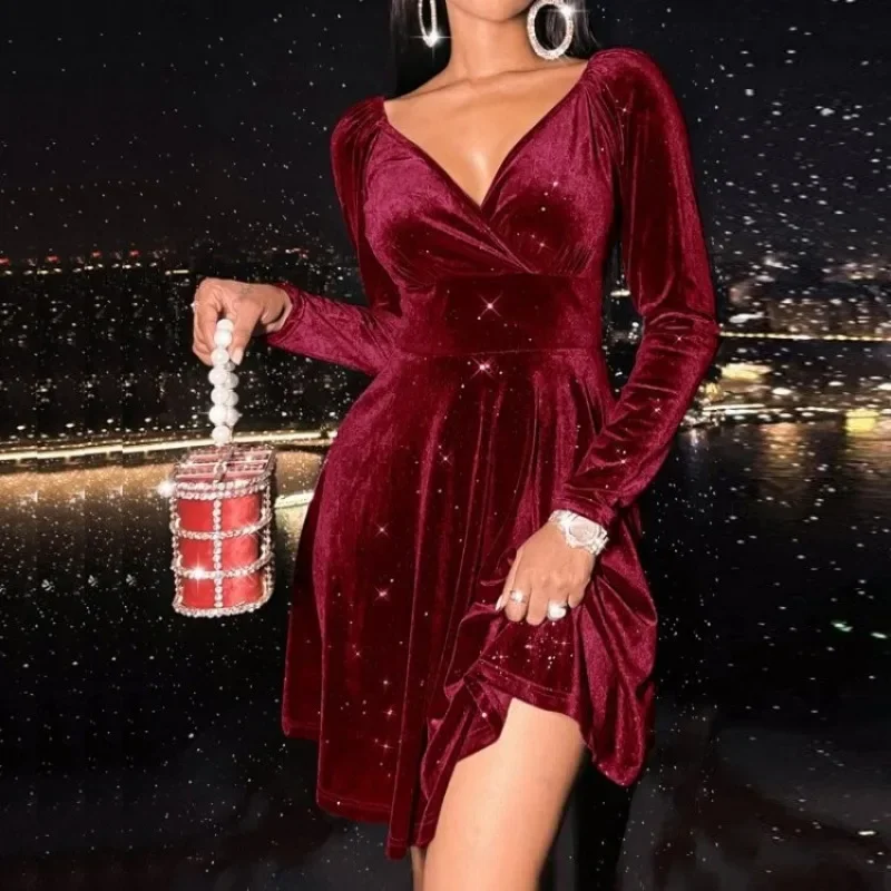 Vestido Midi de PANA con cuello en V para mujer, traje elegante de manga larga para fiesta de Navidad, ropa de lujo YDL14, talla 2024